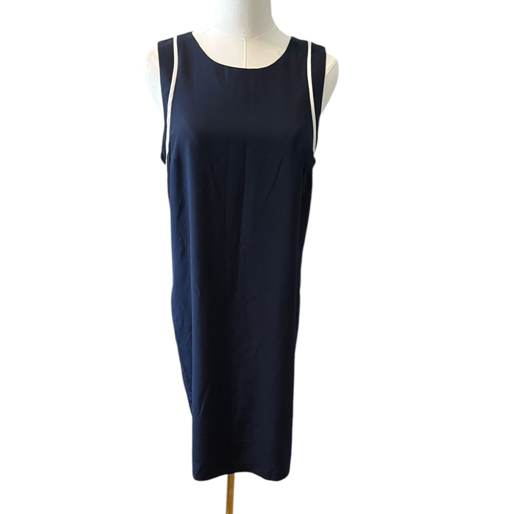 Banana Republic Navy Sheath Dress Sleeveless White Trim‎ Classic Lined 8 Petite